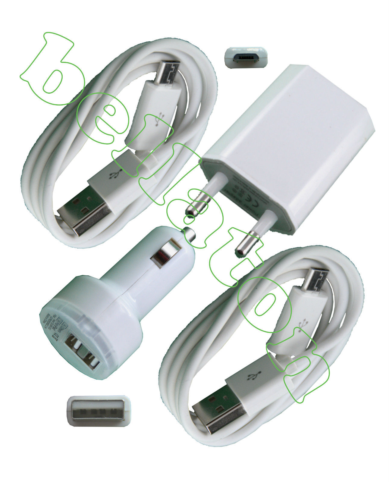 bellaton 4in1 SET Netzteil KFZ Dual USB Adapter weiss mit KFZ Ladegerät für BlackBerry (micro USB) Ladekabel Auto KFZ